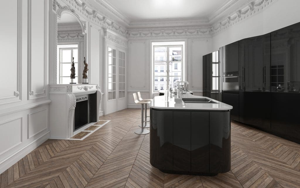 Küche mit Hochtresen und Barhockern InteriorDesign Hamburg StudioStern Luxus Küche Schwarz Weisse Küche mit Kücheninsel mittig auf Fischgrät Parkett modern Hochglanz in Altbau