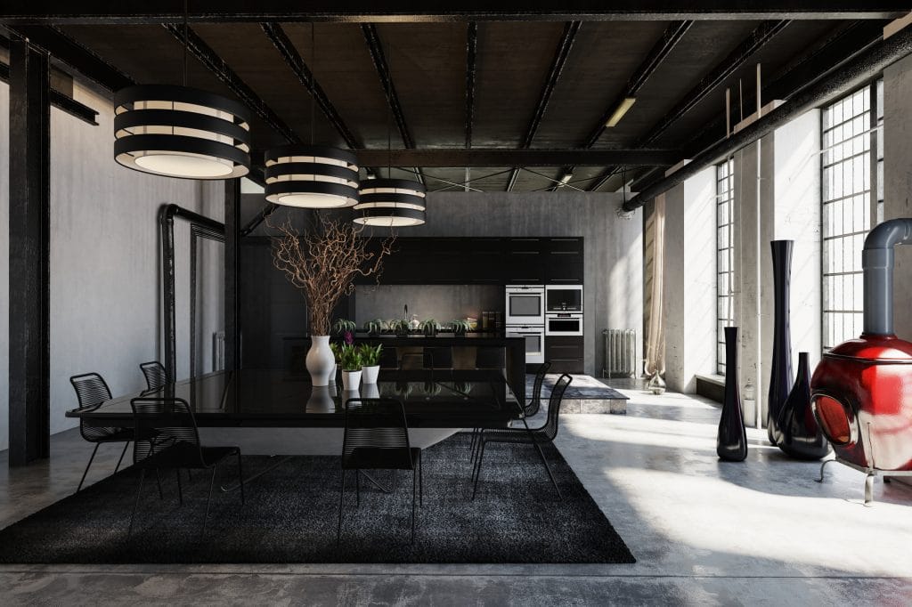 Neubau Industrieloft mit Betonfußboden und offener schwarzer Decke