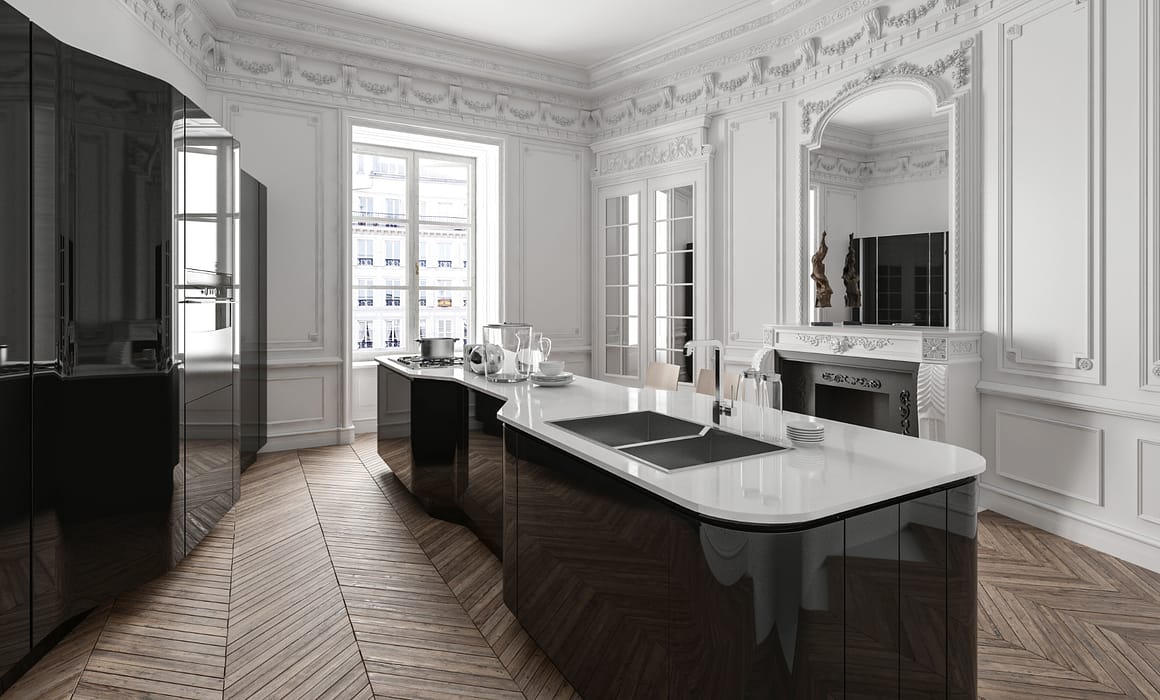 Stylish class black and white modern kitchen with fitted appliances and cabinets, centre island, wood panelling, chimney and bright window.
