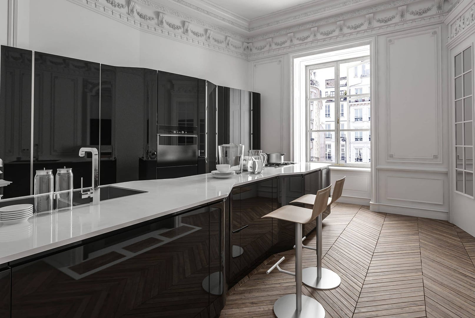 Küche mit Hochtresen und Barhockern InteriorDesign Hamburg StudioStern Luxus Küche Schwarz Weisse Küche auf Fischgrät Parkett modern Hochglanz in Altbau