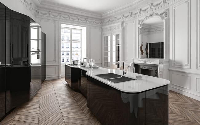 Stylish class black and white modern kitchen with fitted appliances and cabinets, centre island, wood panelling, chimney and bright window.