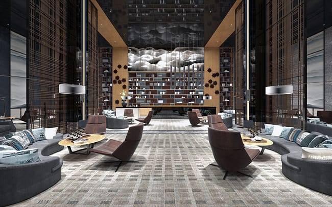Lobby XXL eines Hotels mit einer Wolken Animation über der Bar.