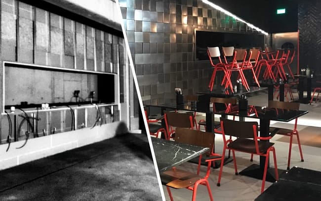 BEAR CLAW Hamburg. Burger. Cafe. Bar. Vorher und Nachher. Ständerwerk für die Montage der handgefalteten Kacheln aus Edelstahl.