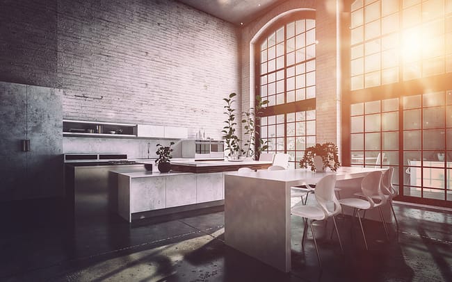 Renoviertes Industrie Loft mit kleiner offener Küche und großen alten Industriefenster
