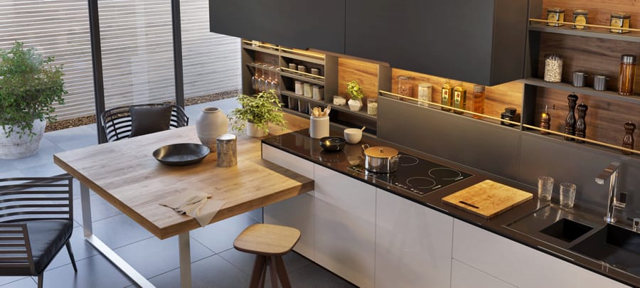 Moderne große Küche mit Kochinsel. Interior Design Hamburg Küchen Große Modul Küche in Neubau mit Kochinsel und weitergeführten Esstisch